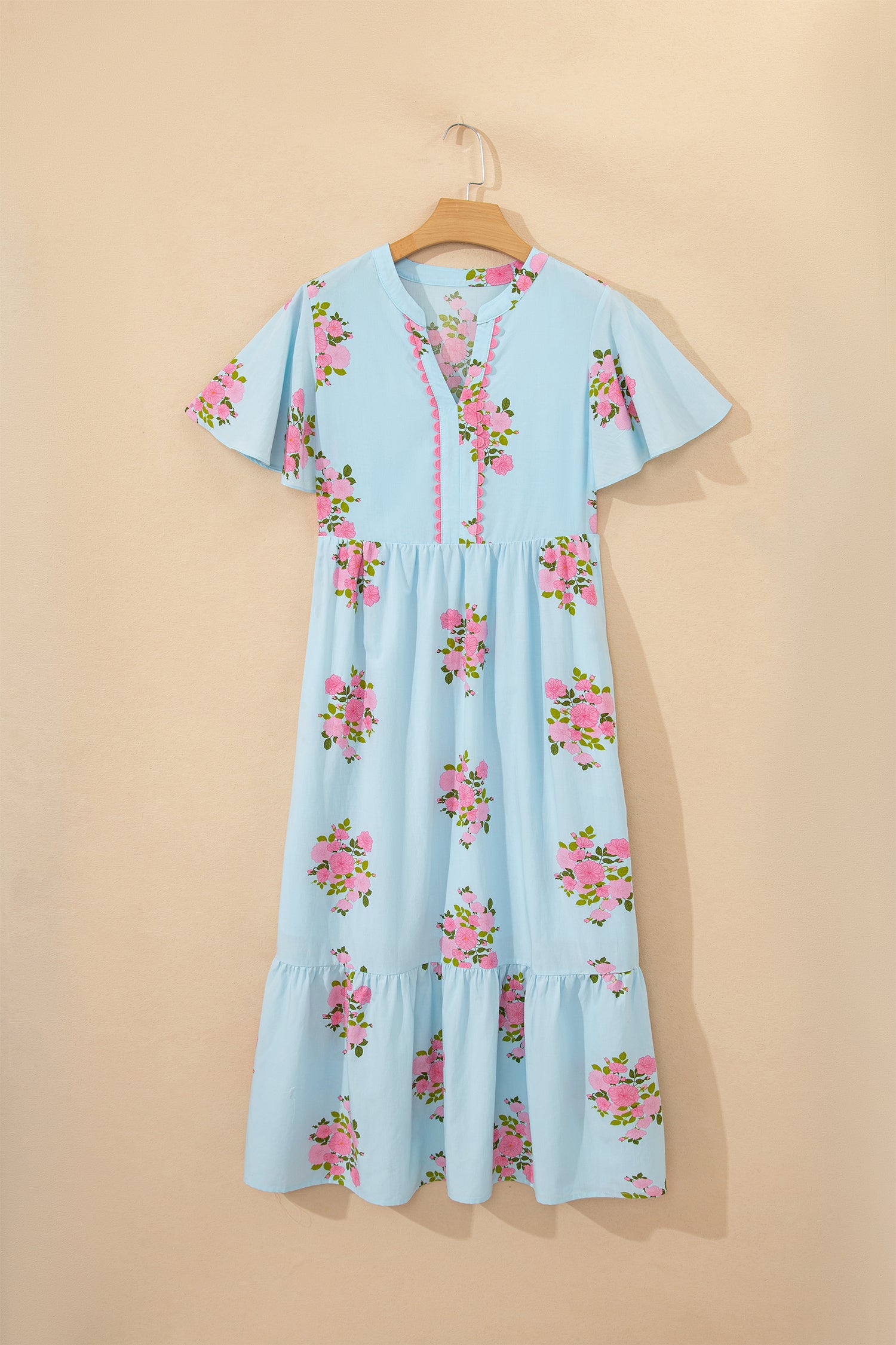 Women's Women's Floral Maxi Dress Flutter Sleeve Notched Neck Summer Holiday Pink Blue at LivelyLooks