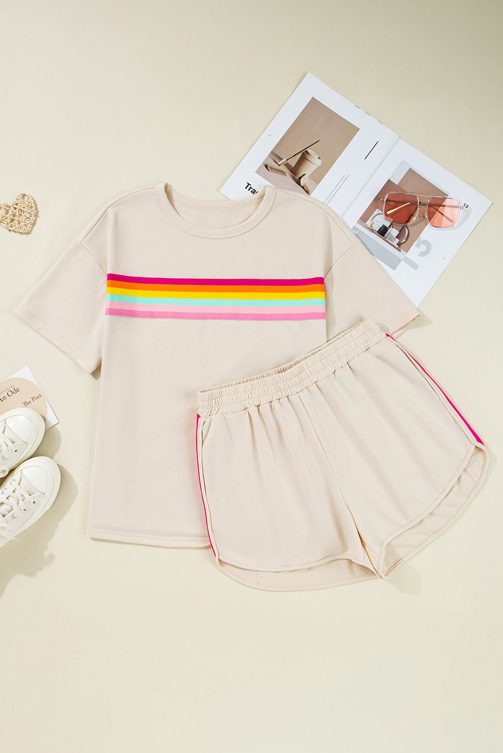 Vibrant Striped Athleisure Short Set | Rose Red & Beige