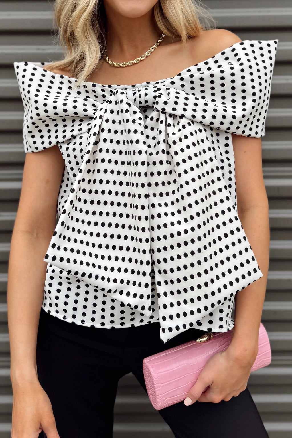 Women's White Polka Dot Off Shoulder Blouse | Bow Knot Short Sleeve Top at LivelyLooks