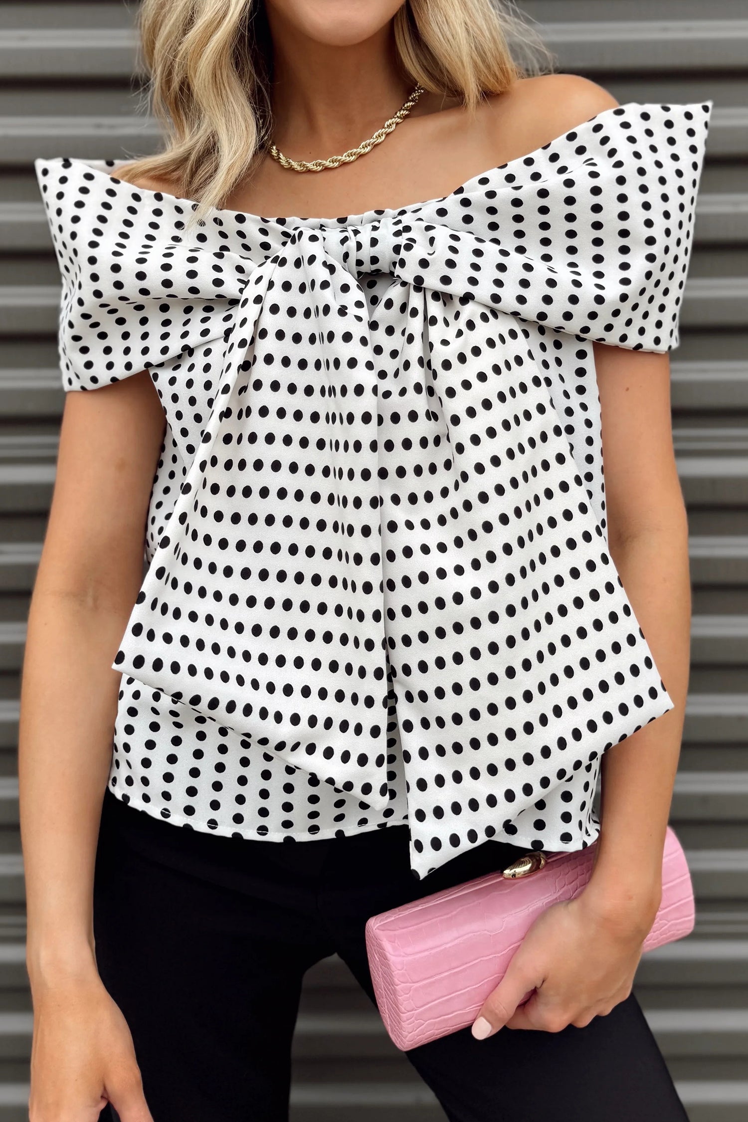 Women's White Polka Dot Off Shoulder Blouse | Bow Knot Short Sleeve Top at LivelyLooks