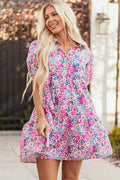 Shop Floral Collared Half Placket Puff Sleeve Loose Mini Dress | S-XL at LivelyLooks