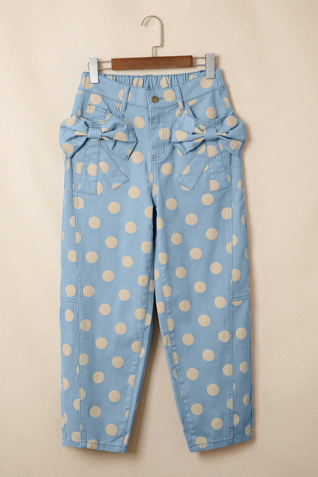 Polka Dot Print Bow Detail Pocketed Loose Jeans | White & Sky Blue