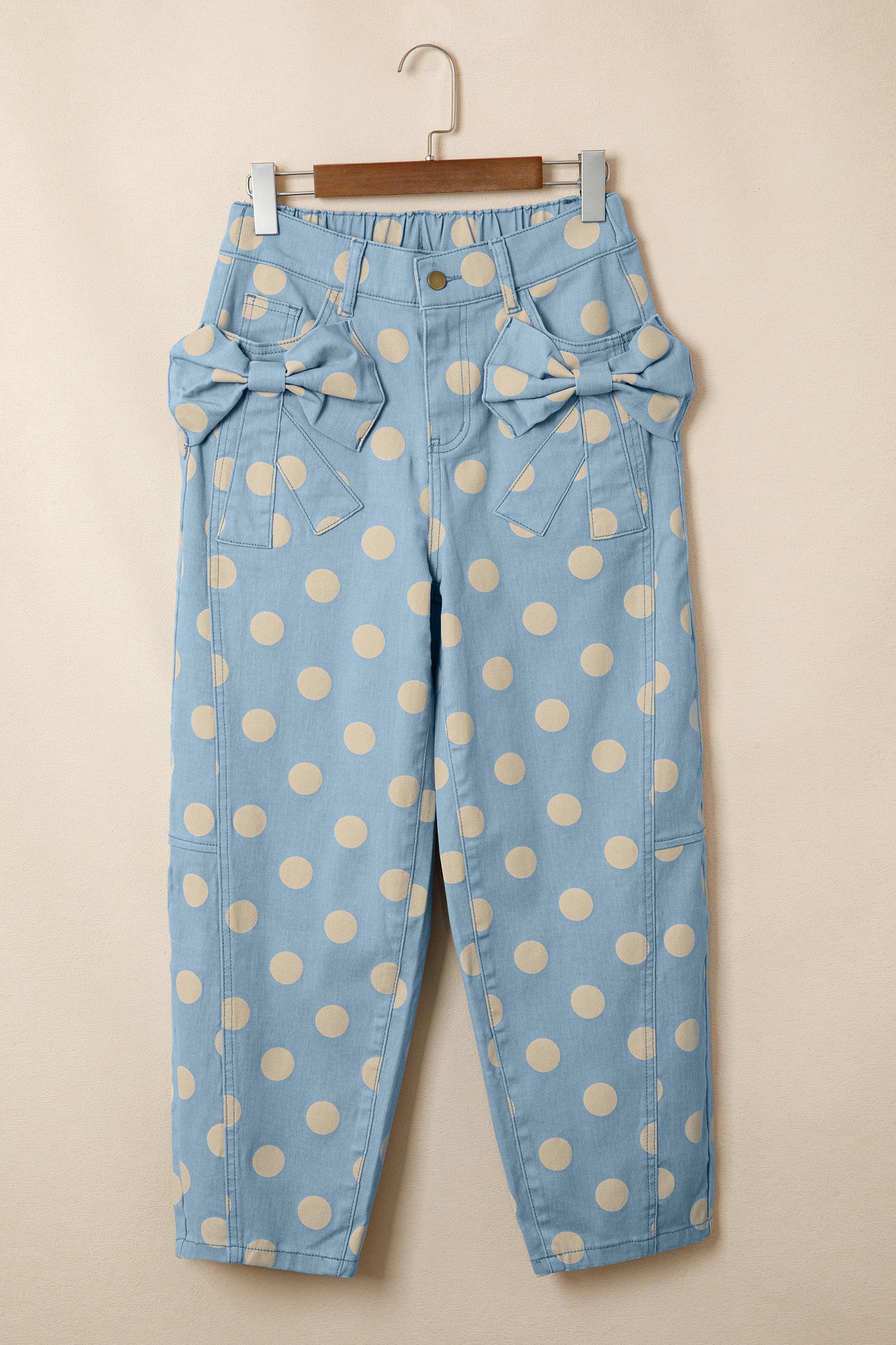 Polka Dot Print Bow Detail Pocketed Loose Jeans | White & Sky Blue