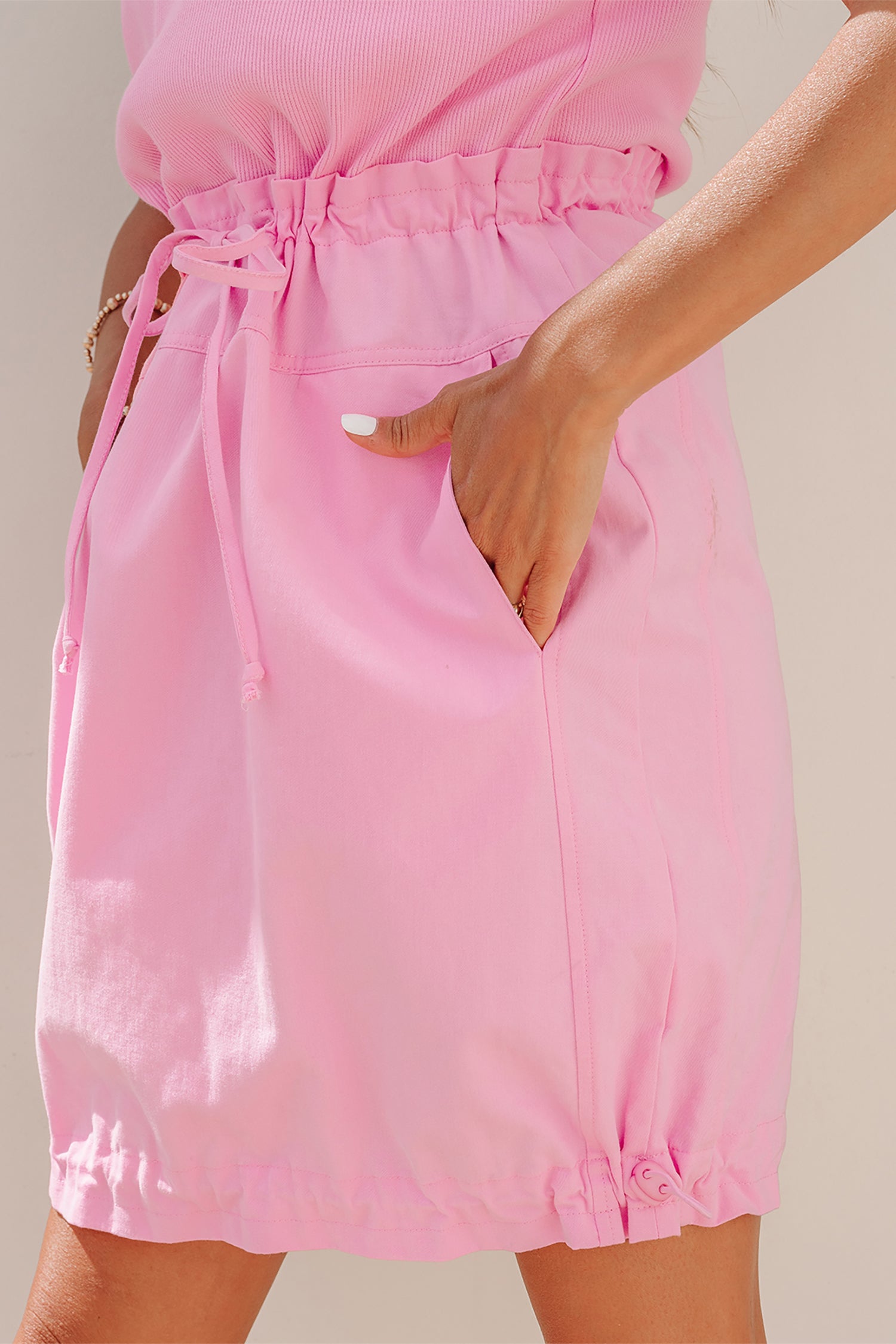 LivelyLooks Pink Cuffed Short Sleeve Patchwork Drawstring Mini Dress S-XL women's fashion