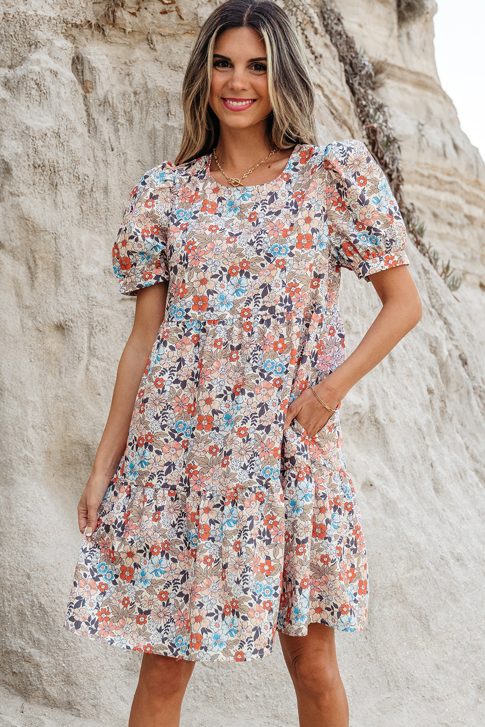 Shop Beige Boho Floral Puff Sleeve Crew Neck Mini Dress at LivelyLooks