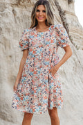 Shop Beige Boho Floral Puff Sleeve Crew Neck Mini Dress at LivelyLooks