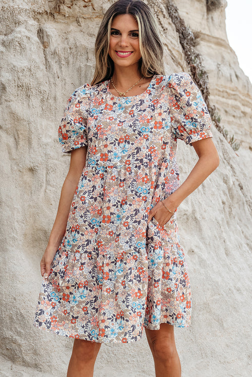 Shop Beige Boho Floral Puff Sleeve Crew Neck Mini Dress at LivelyLooks