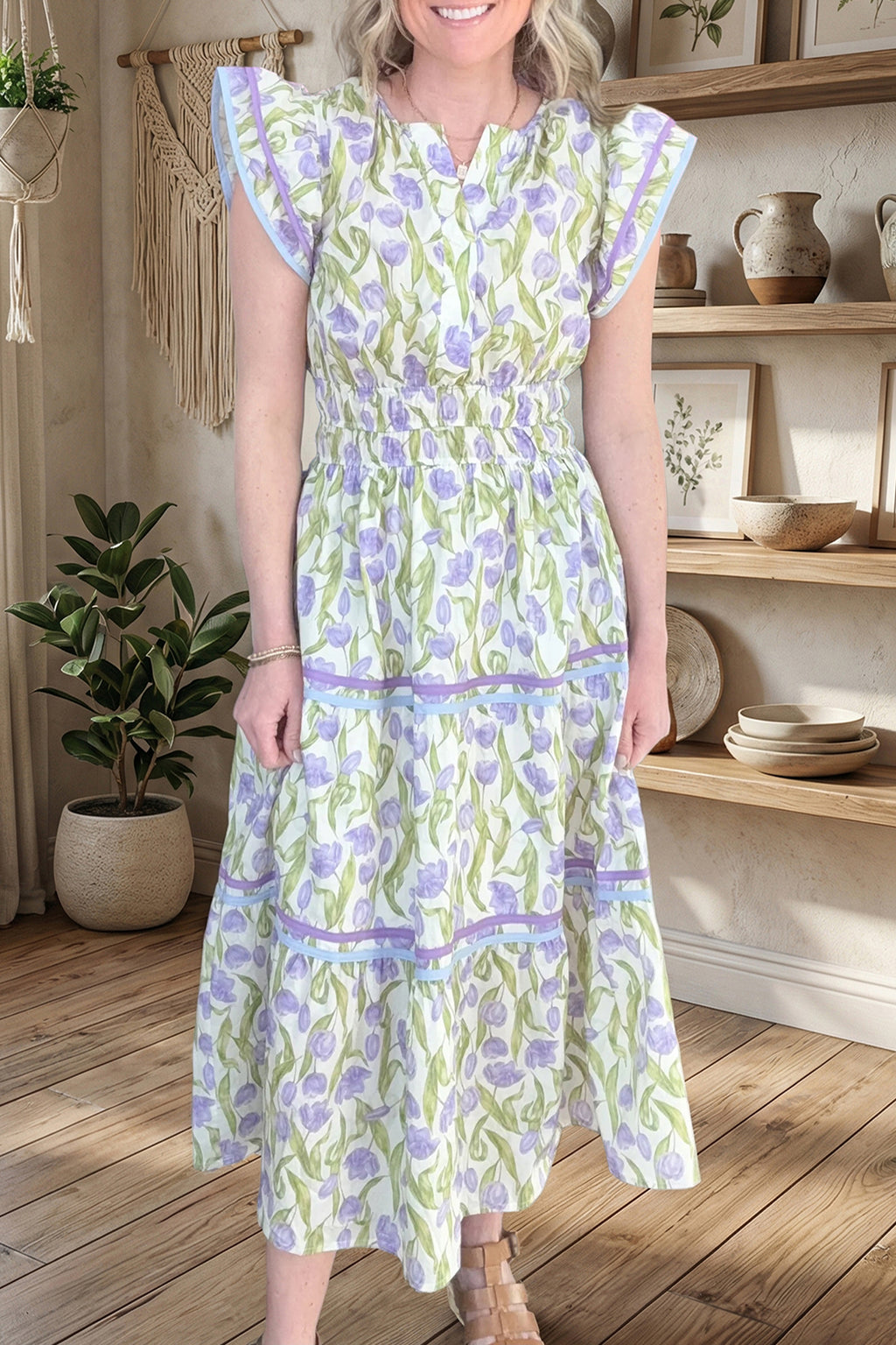 Purple Tulip Floral Print Contrast Trim Flutter Sleeve Midi Dress