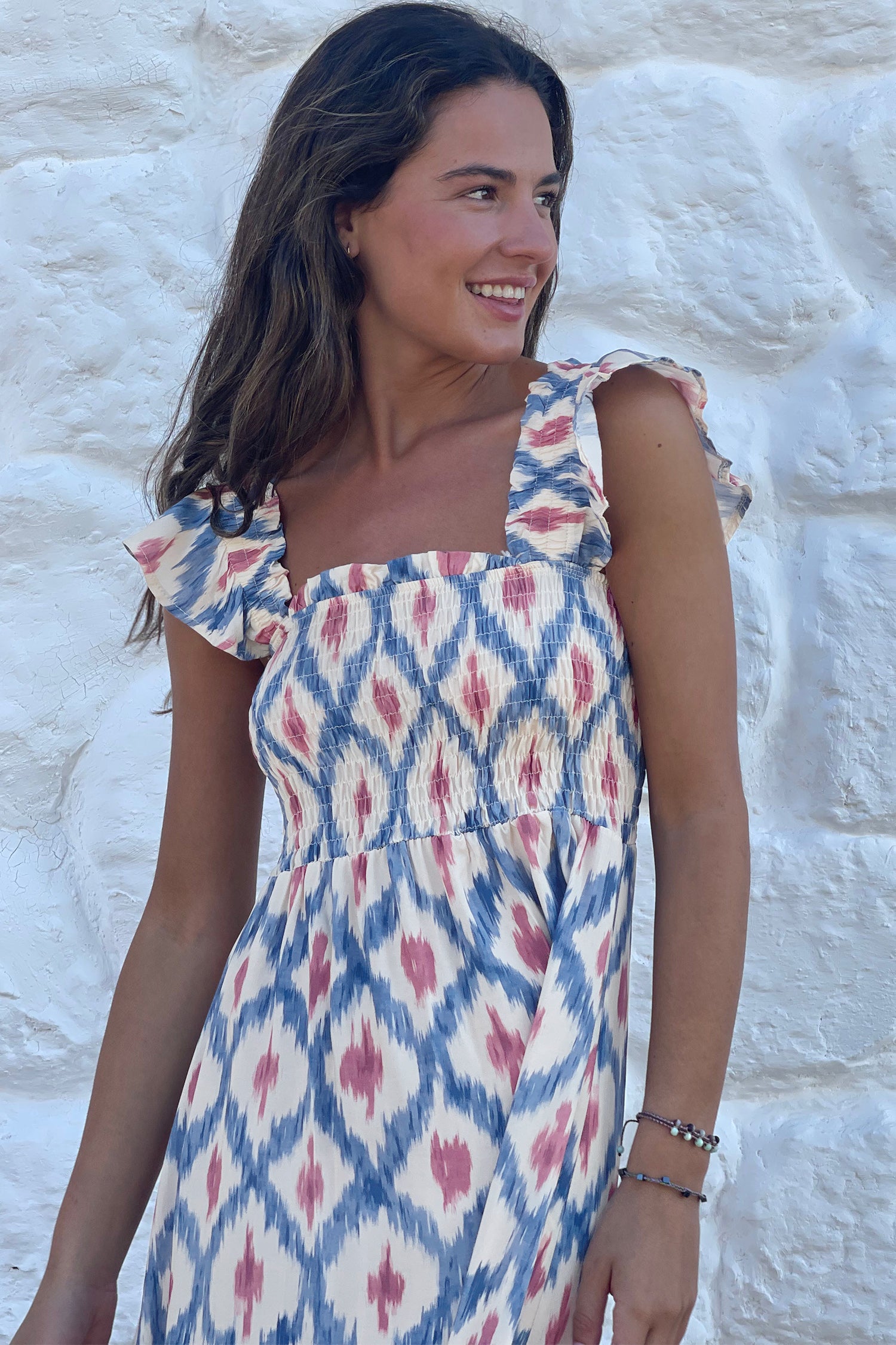 LivelyLooks Blue Ethnic Geometric Maxi Dress | Square Neck Smocked Waist Ruffle Sleeve women's fashion