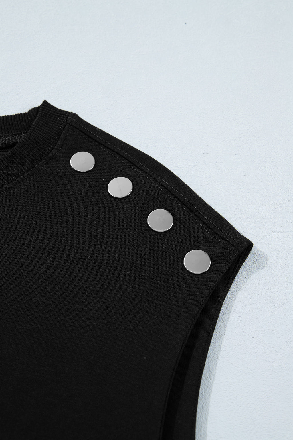 Women's Black Casual Solid Short Sleeve Top with Metal Button Details at LivelyLooks