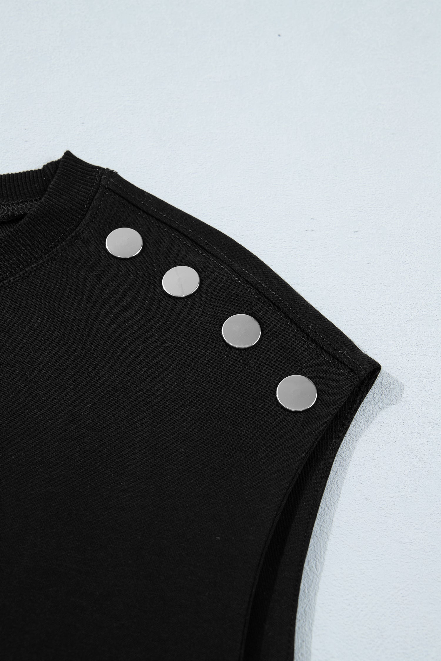 Women's Black Casual Solid Short Sleeve Top with Metal Button Details at LivelyLooks