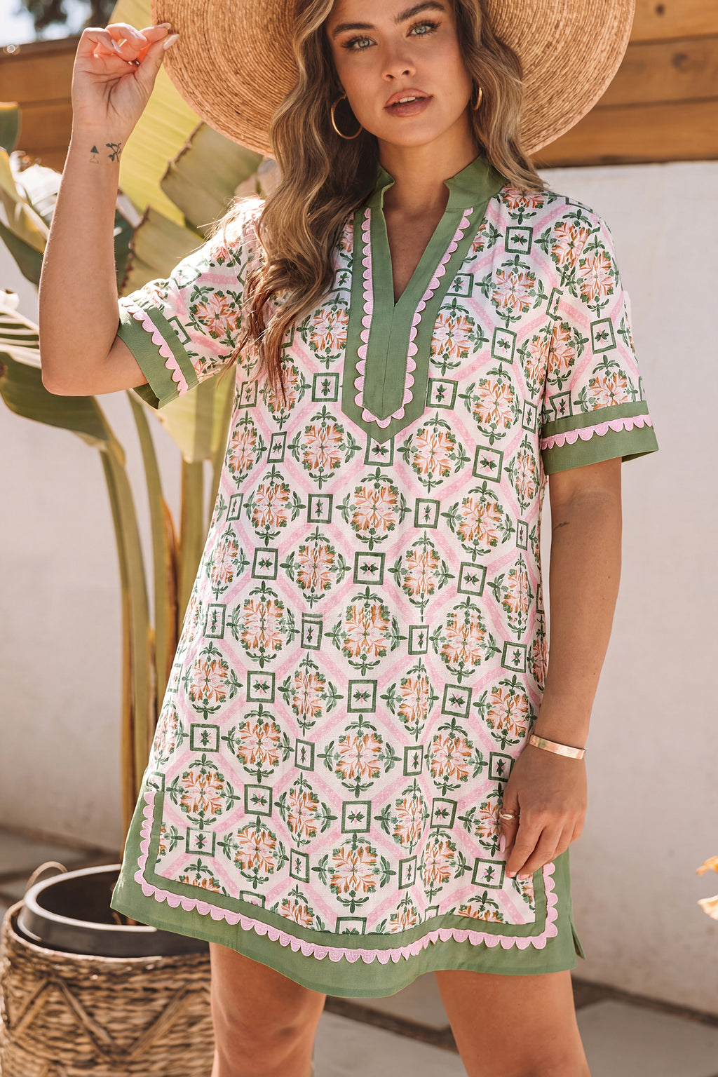 Multicolour Boho Geometric Flower Print Short Sleeve Loose Mini Dress S-XL