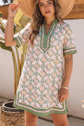 Multicolour Boho Geometric Flower Print Short Sleeve Loose Mini Dress S-XL