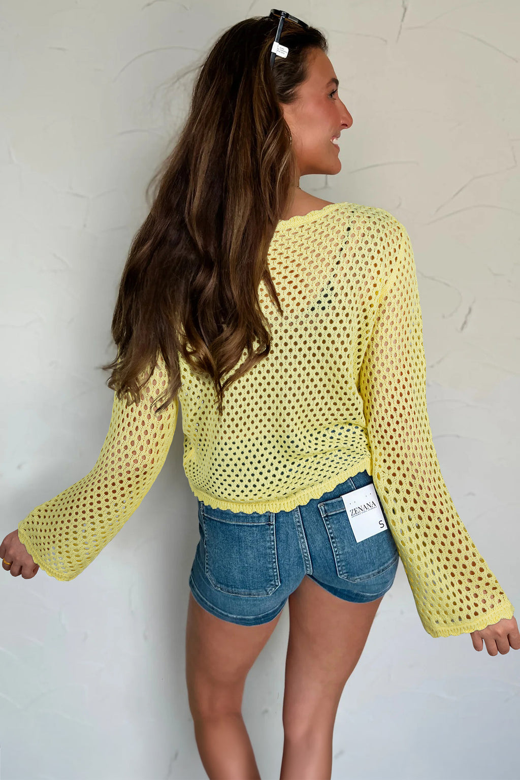 Women's Yellow Cream Scalloped Trim Hollow Out Knit Long Sleeve Top at LivelyLooks