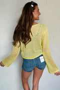 Women's Yellow Cream Scalloped Trim Hollow Out Knit Long Sleeve Top at LivelyLooks