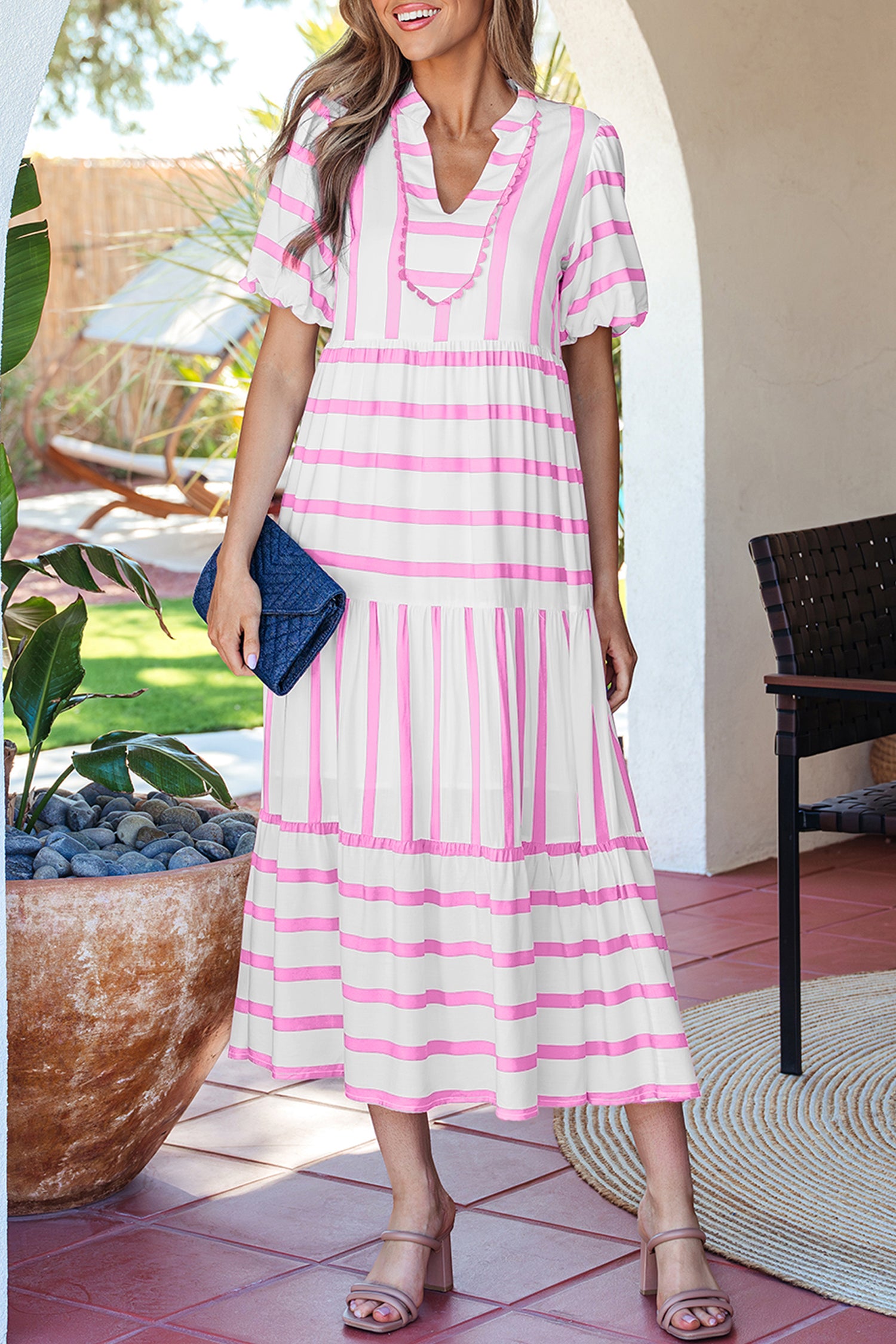 Shop Women's Stripe Ricrac Trim Notched V-Neck Puff Sleeve Midi Dress Pink at LivelyLooks
