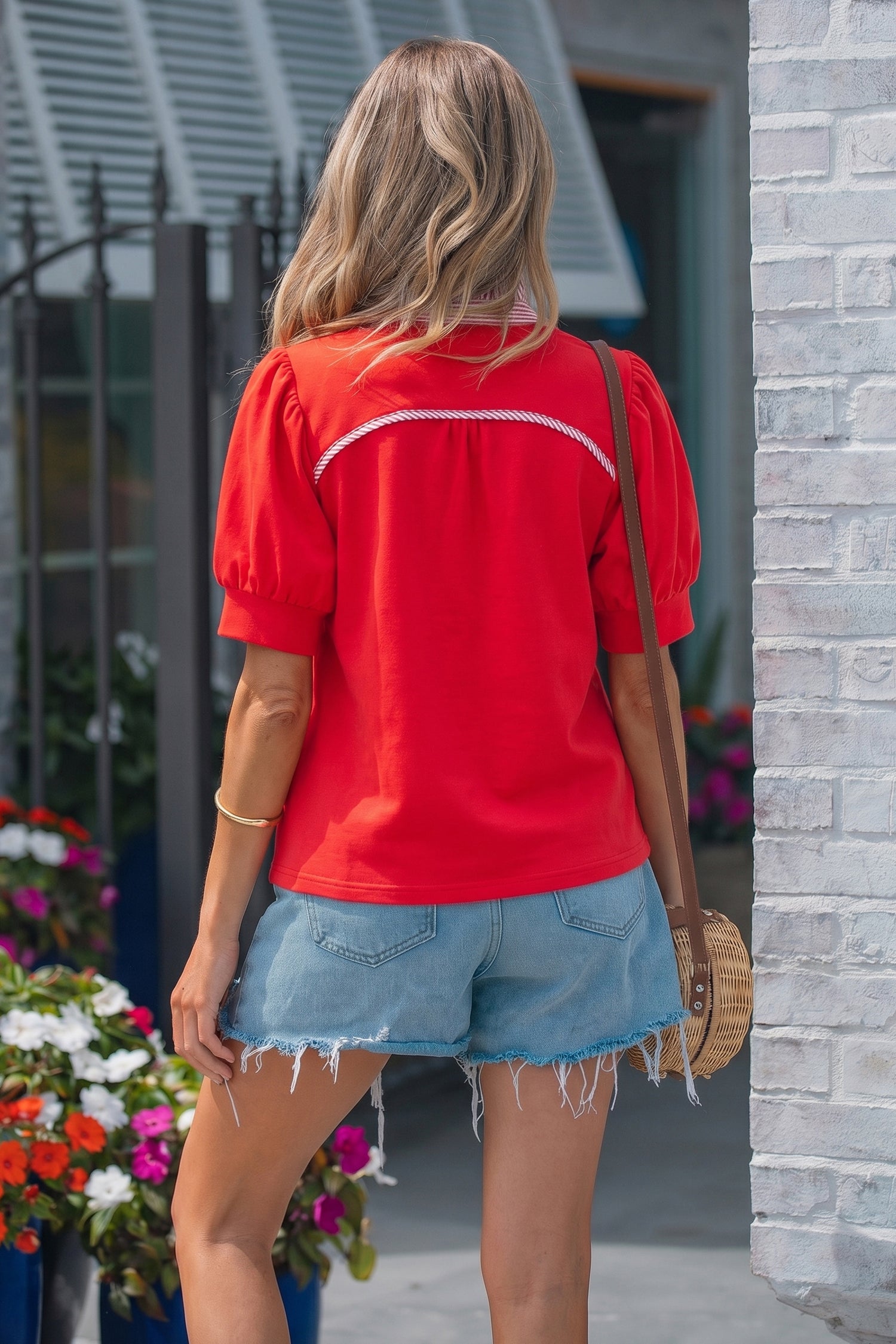 Women's Fiery Red Striped Frilled Collar Puff Sleeve Blouse at LivelyLooks