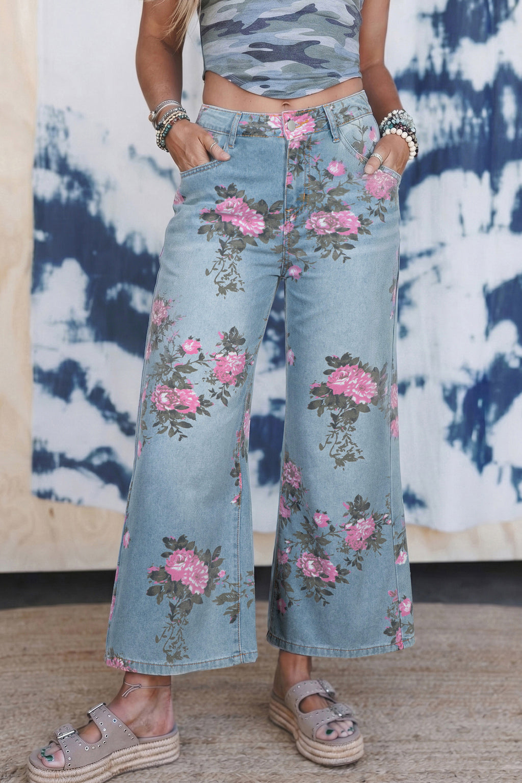 Women's Blue Garden Floral Print Bootcut Jeans | UK Sizes 6-18 at LivelyLooks