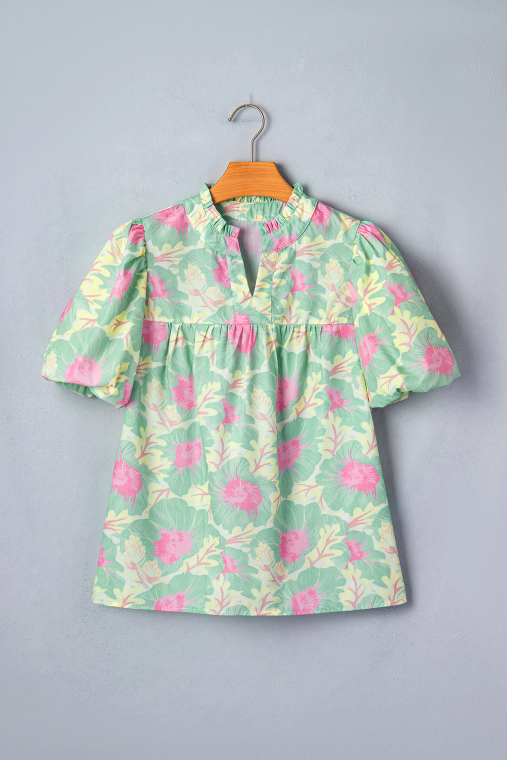 Women's Yellow Short Bubble Sleeve Summer Floral Blouse at LivelyLooks