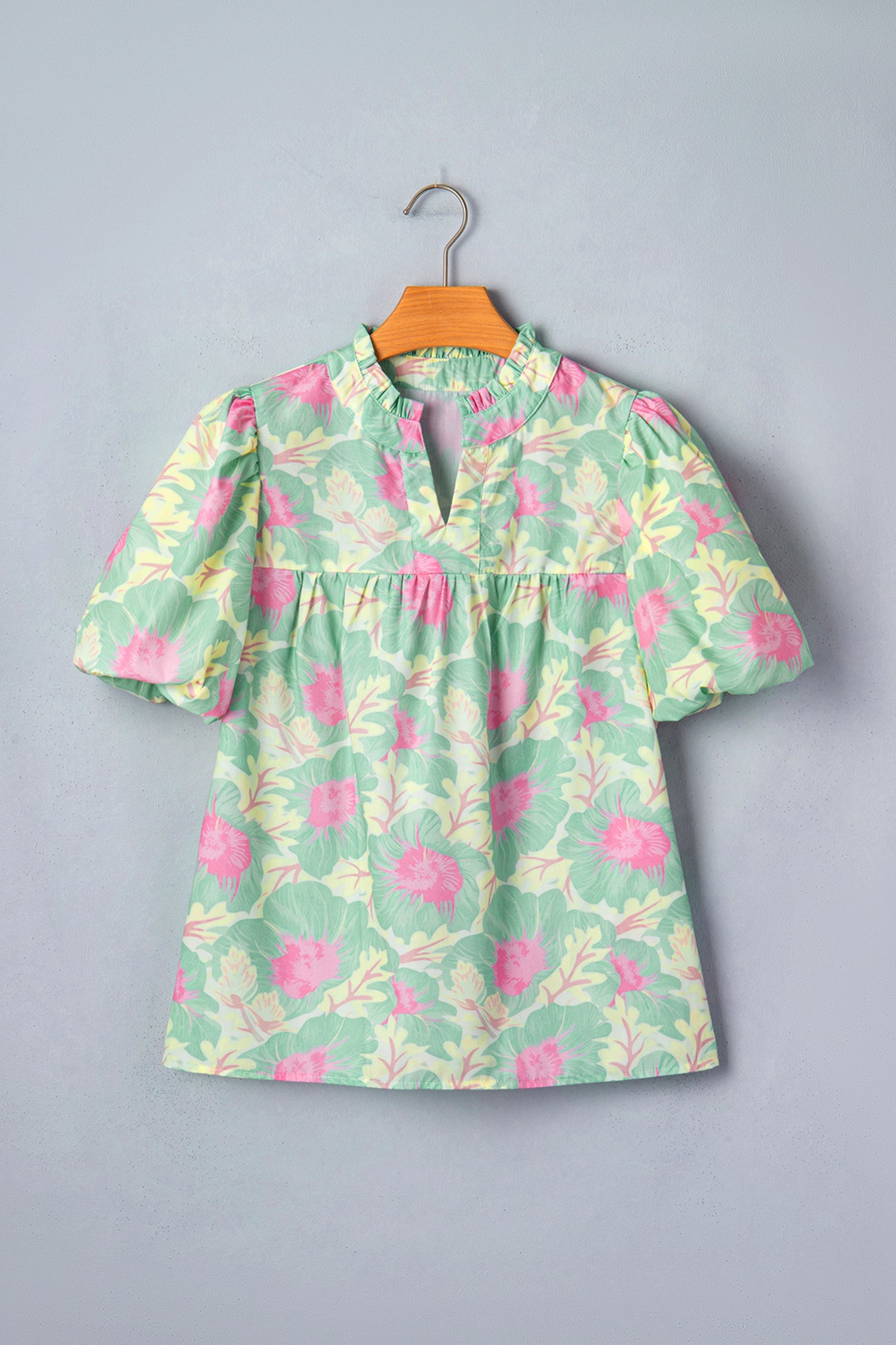 Women's Yellow Short Bubble Sleeve Summer Floral Blouse at LivelyLooks