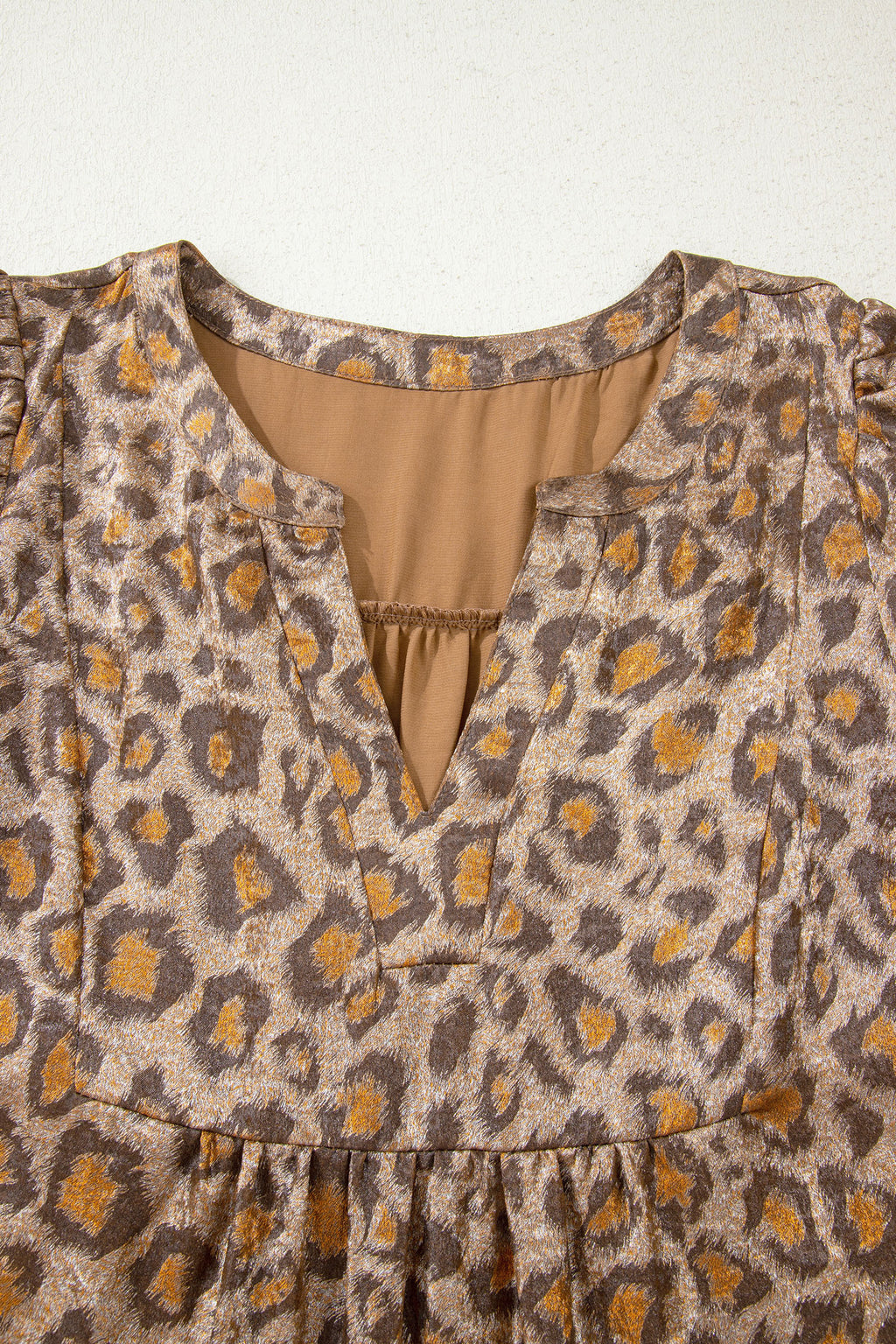 Women's Khaki Leopard Print V Neck Ruffled Sleeve Tiered Mini Dress at LivelyLooks