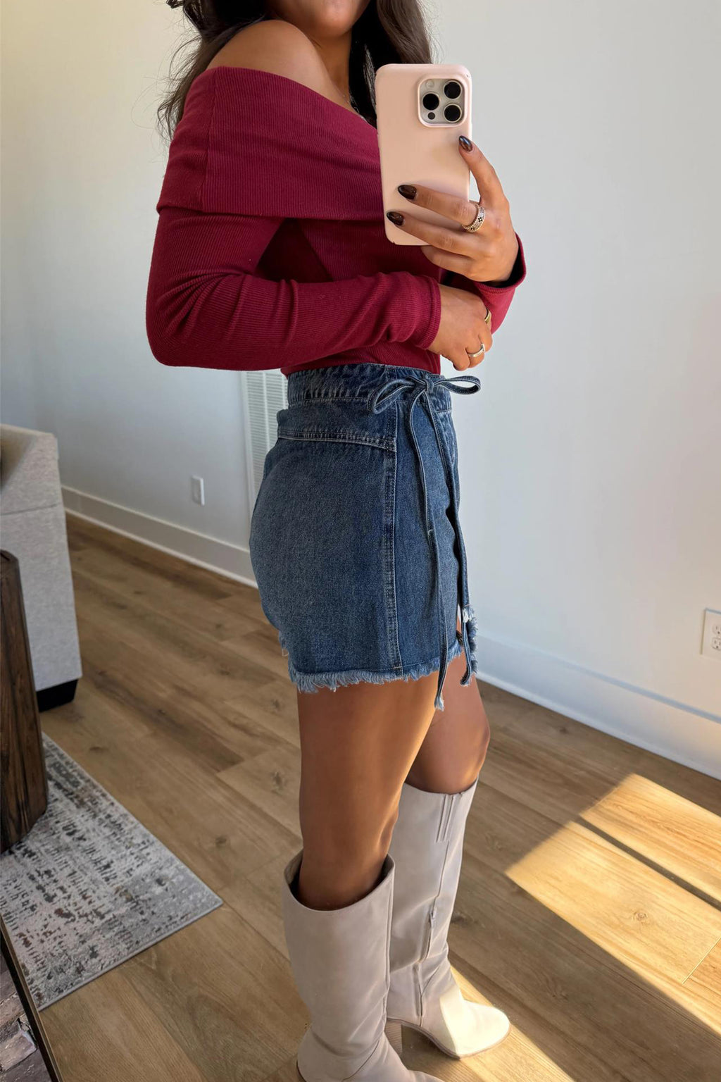 Shop Ashleigh Blue Wrapped Tied Waist Denim Skort at LivelyLooks