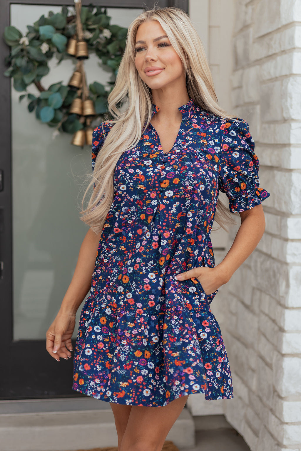 Blue Wild Daisy Floral Split Neck Puff Sleeve Mini Dress S-XL