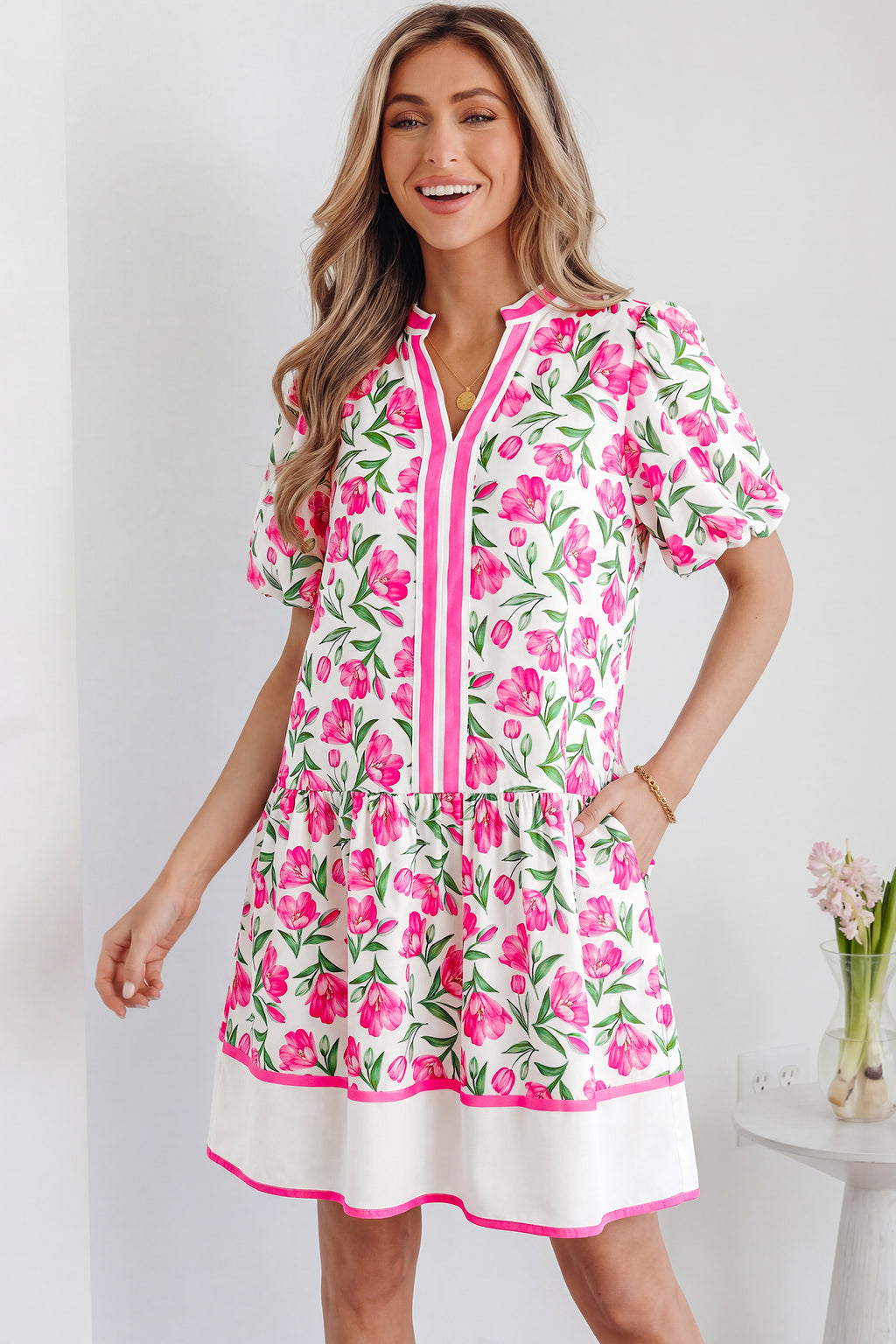 Multicolour Sweet Floral Striped Colourblock Trim V-Neck Mini Dress