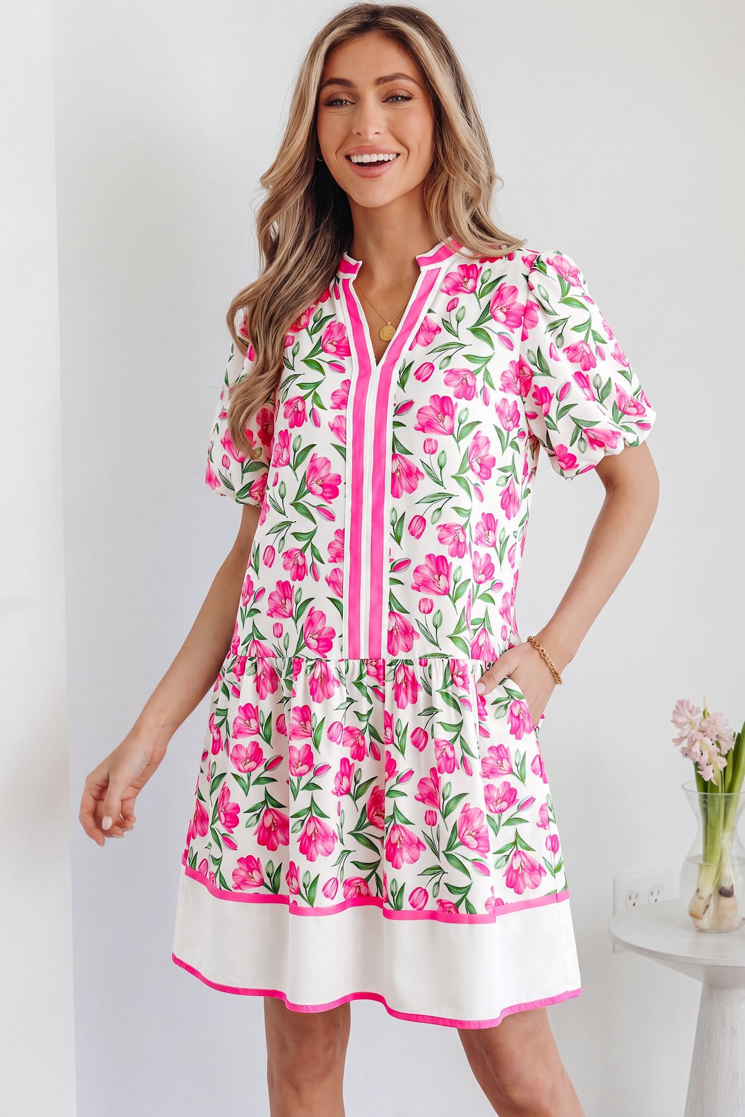 Multicolour Sweet Floral Striped Colourblock Trim V-Neck Mini Dress