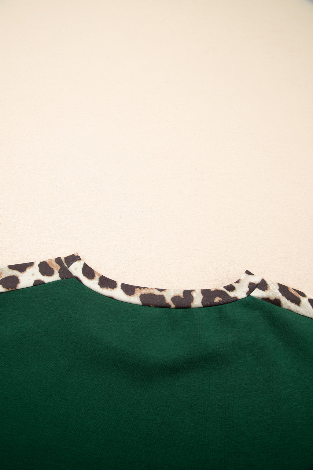Leopard Trim Loose T-Shirt Green & Beige Relaxed Fit S-XL