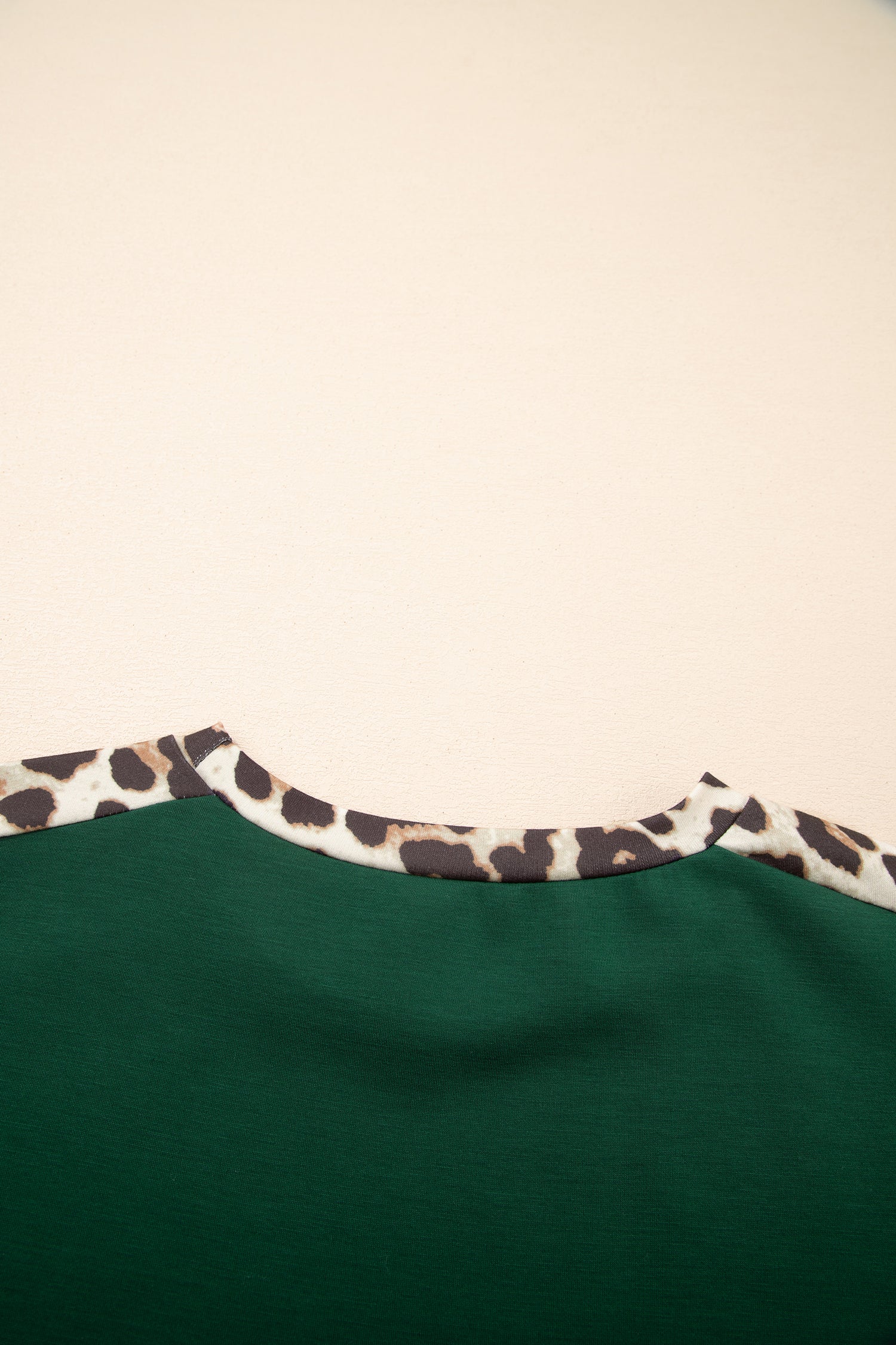Leopard Trim Loose T-Shirt Green & Beige Relaxed Fit S-XL