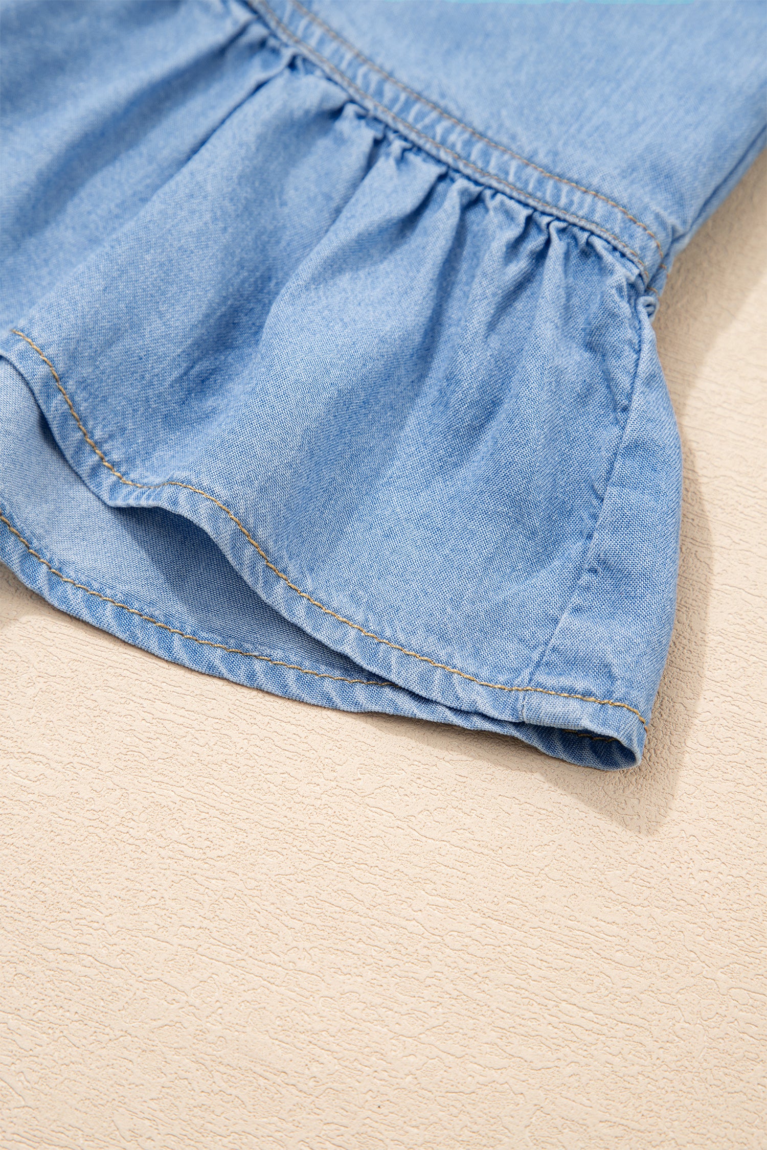 Women's Beau Blue Half Sleeve Button Down Ruffled High Low Chambray Shirt at LivelyLooks