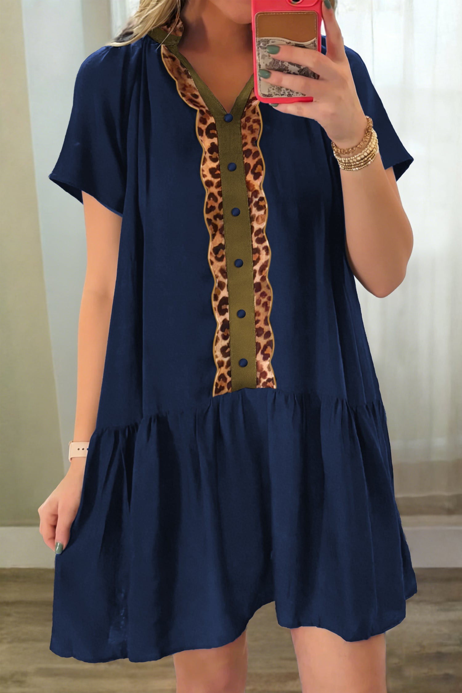 Women's Navy Blue Button Detail Leopard Metallic Trim Short Sleeve Tunic Dress at LivelyLooks