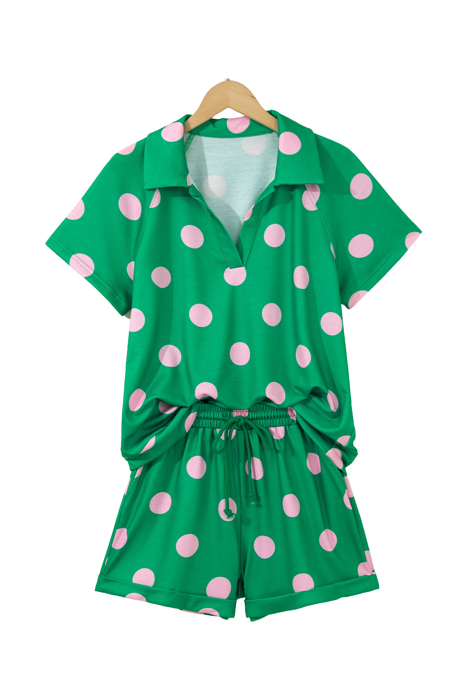 Polka Dot V-Neck Tee & Shorts Co-ord Set | Green, Pink & Beige S-XL