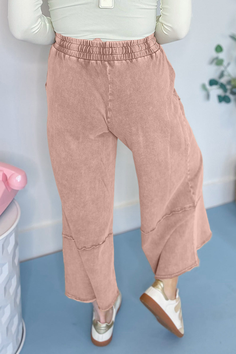 Shop Flower Patch Mineral Washed Terry Knit Cropped Wide Leg Trousers S-2XL at LivelyLooks
