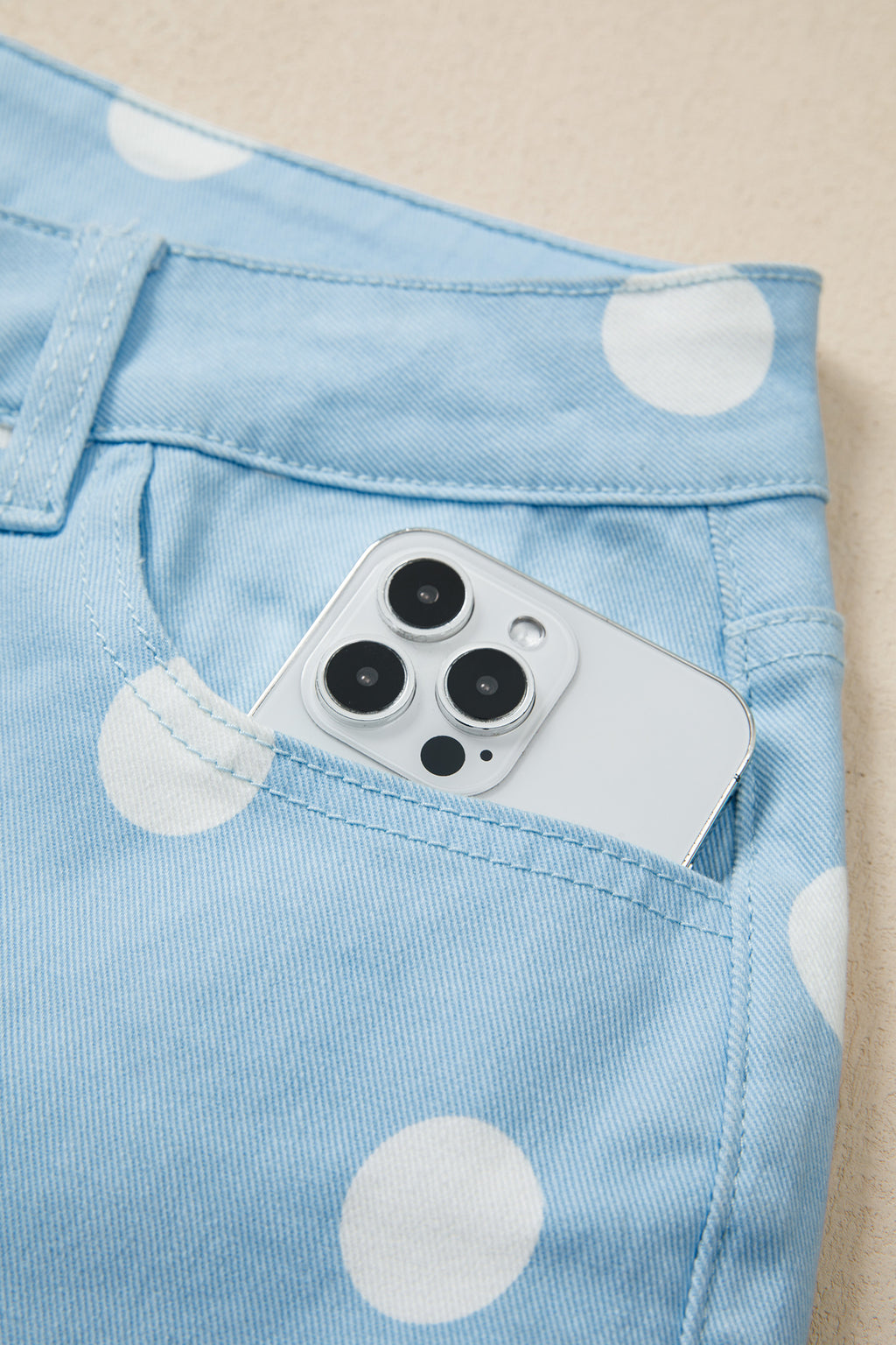 Khaki & Sky Blue Polka Dot Print Raw Hem High-Waist Shift Jeans | Sizes 4–16