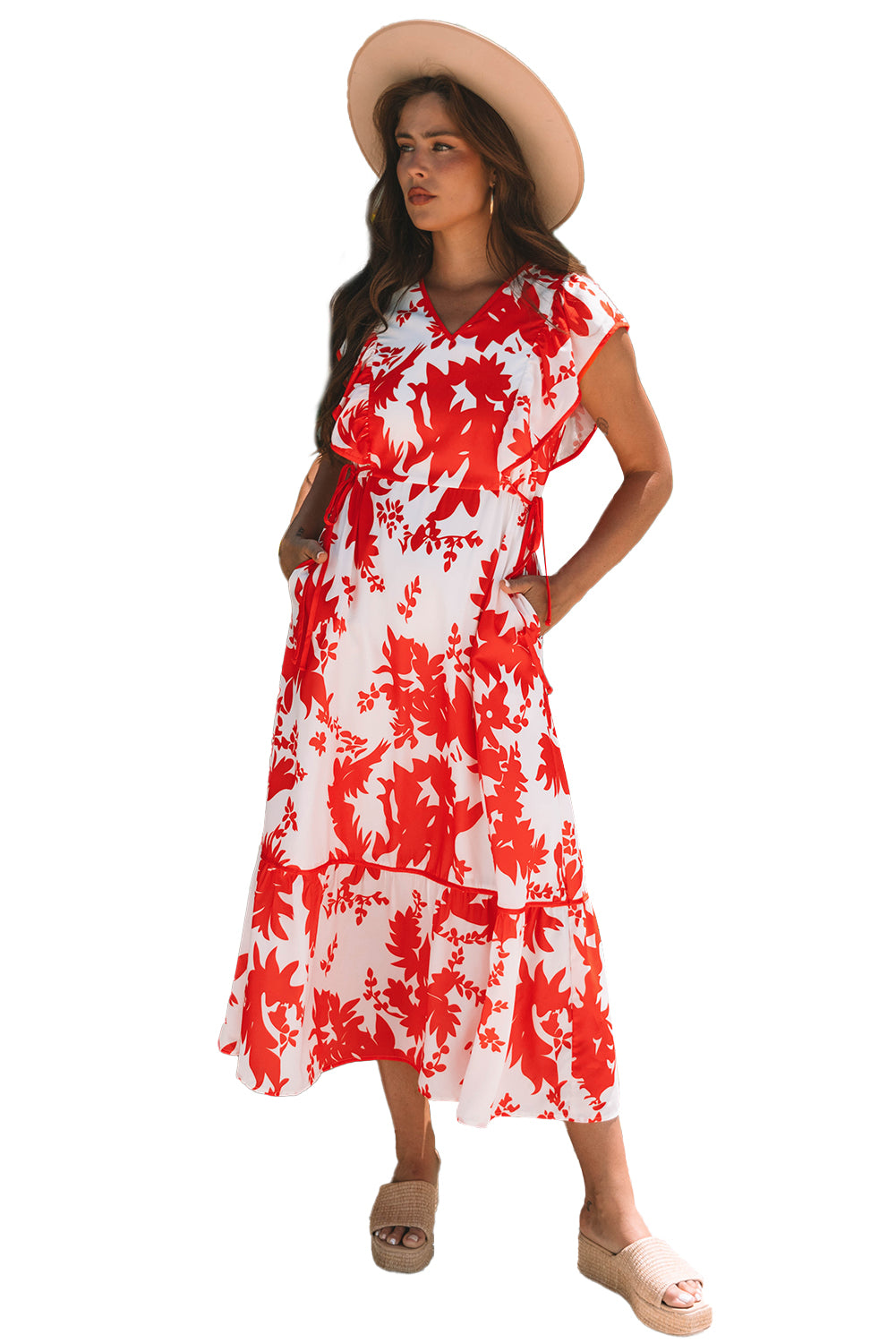 Red Floral Print Trimmed V Neck Ruffle Sleeve Long Dress S-XL