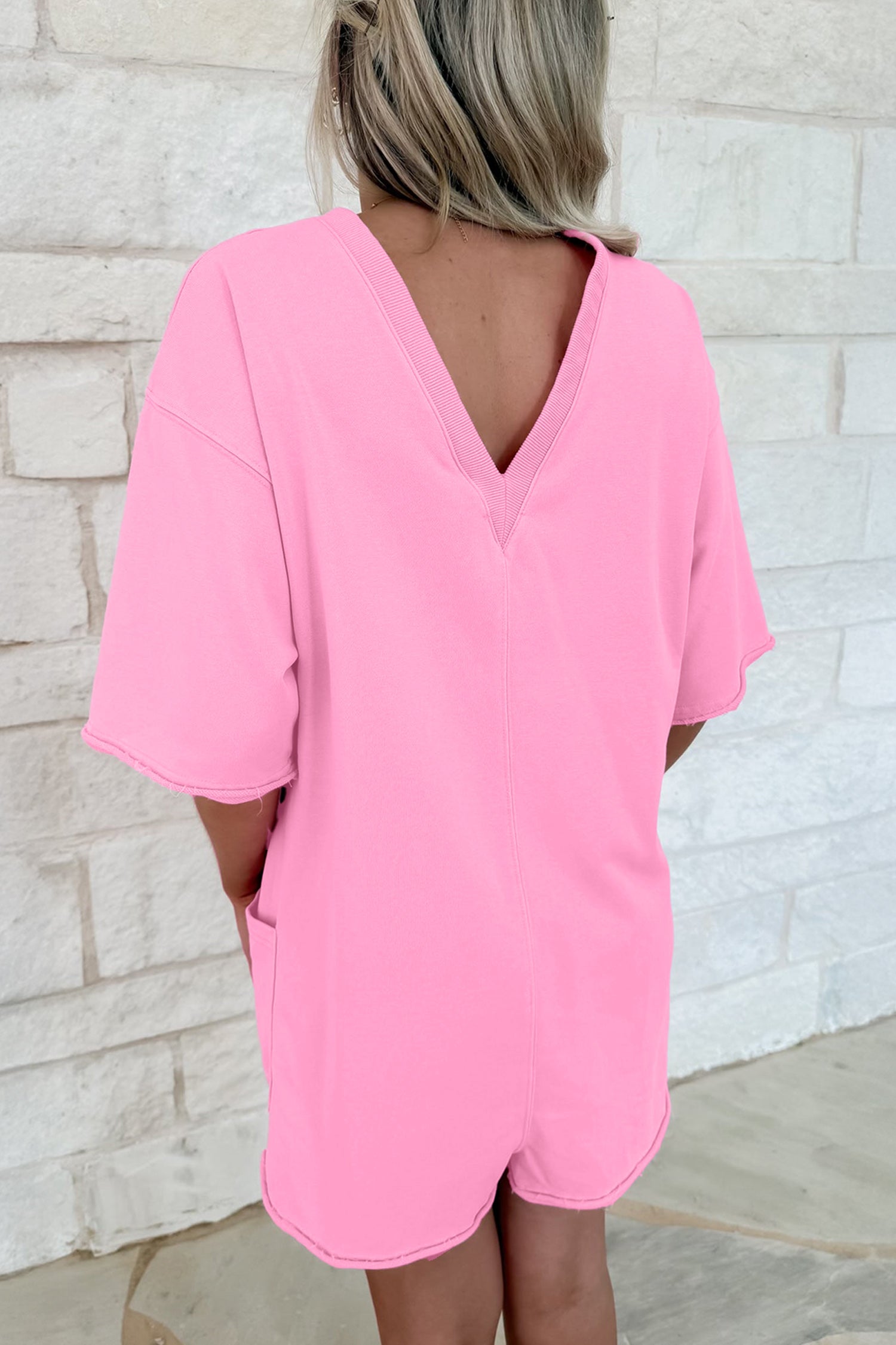 Women's Solid Colour Raw Edge Half Sleeve Pocketed Loose Romper | Green, Pink & Red | UK 8-22 at LivelyLooks