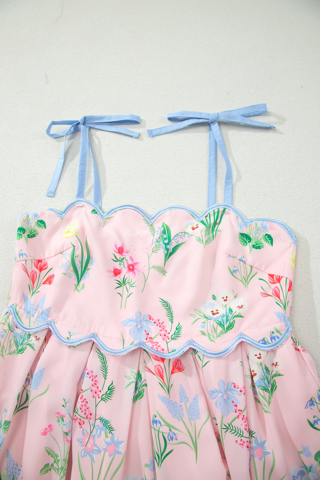 Floral Midi Dress Contrast Trim Self-Tie Straps High Waist Beige Pink Yellow