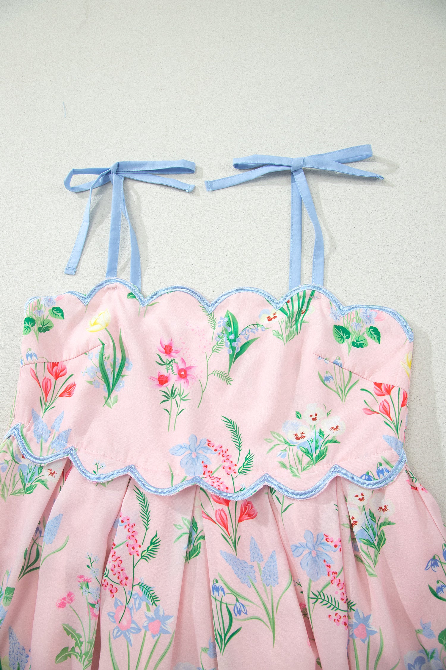 Floral Midi Dress Contrast Trim Self-Tie Straps High Waist Beige Pink Yellow