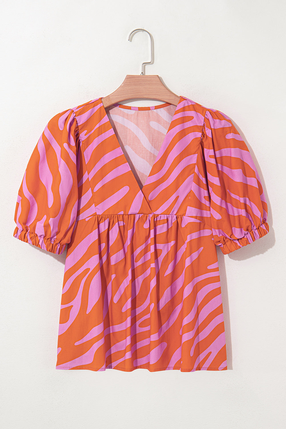 Orange Zebra Print Blouse Ruched Cuff Half Sleeve V Neck Women S-XL