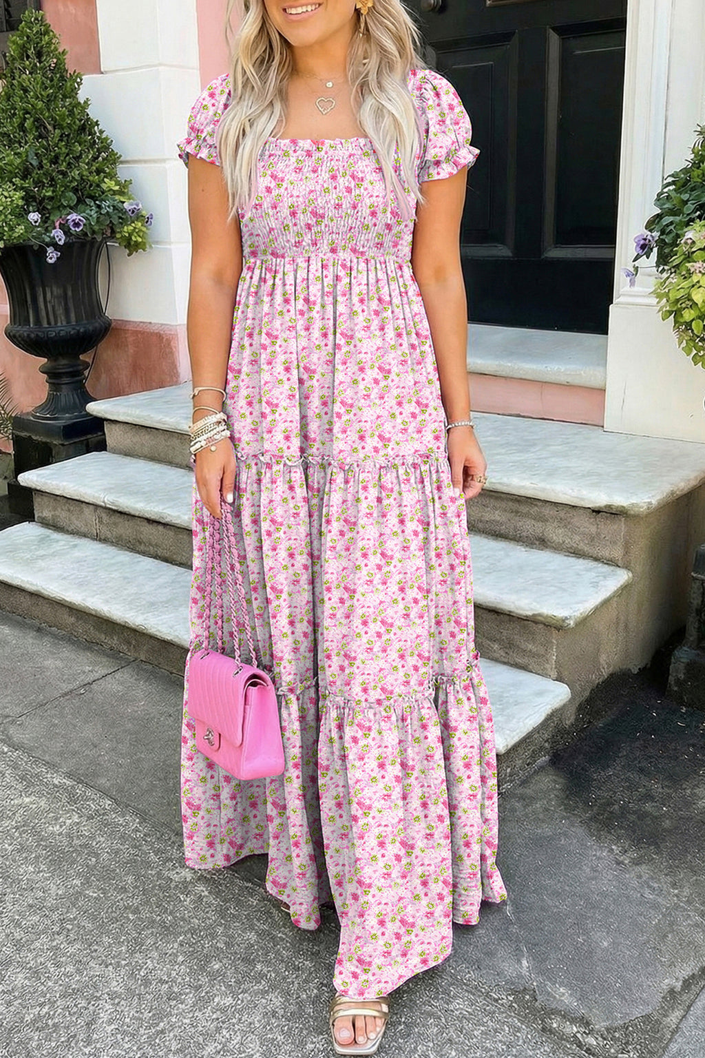 Women's Floral Maxi Dress Bubble Sleeve Shirred High Waist | Pink & Green at LivelyLooks