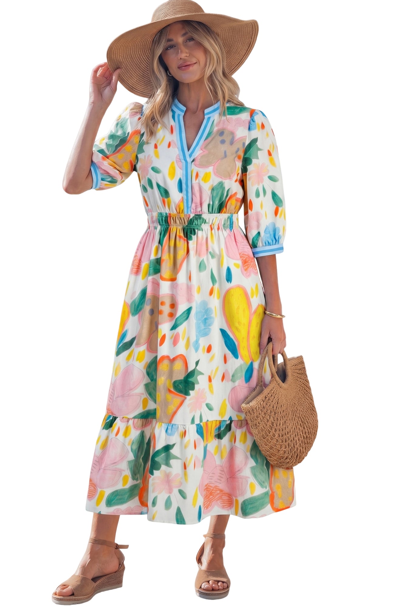 Multicolour Floral Doodle Print Striped Trim V Neck Midi Dress S-XL