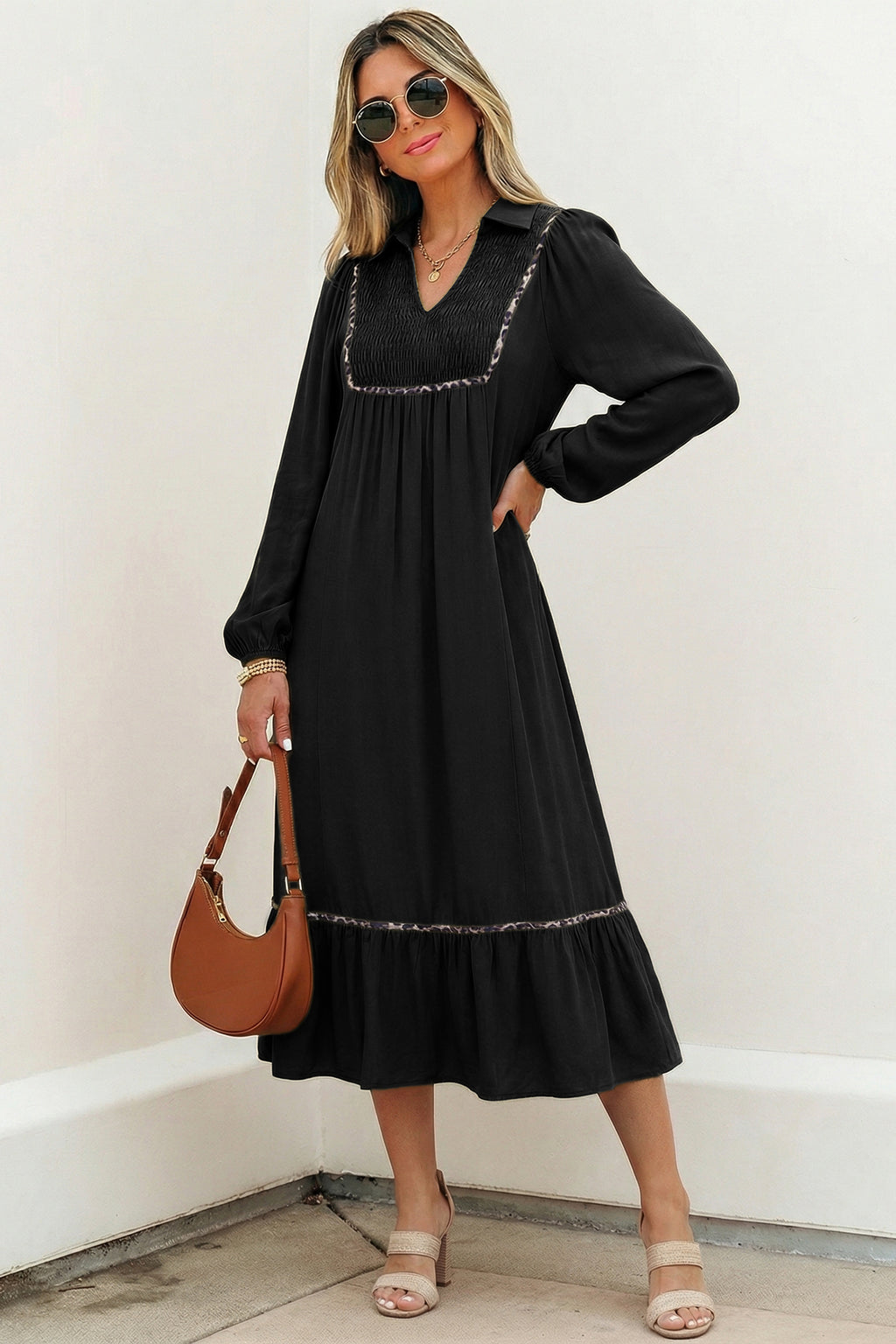 Women's Black Collared V Neck Smocked Detail Contrast Leopard Trim Bracelet Sleeve Long Dress at LivelyLooks