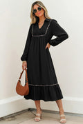 Women's Black Collared V Neck Smocked Detail Contrast Leopard Trim Bracelet Sleeve Long Dress at LivelyLooks