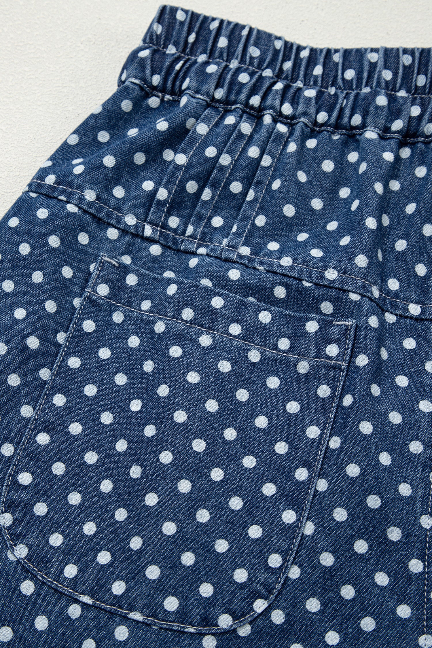 Women's Sky Blue Polka Dot Wide Leg Jeans High Waist Drawstring Button Detail at LivelyLooks