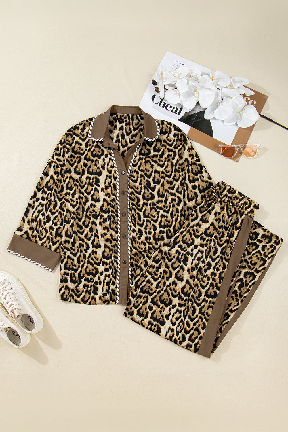 Brown Leopard Collared 3/4 Sleeve Shirt & Loose Pants Two Piece Set | UK 8–22