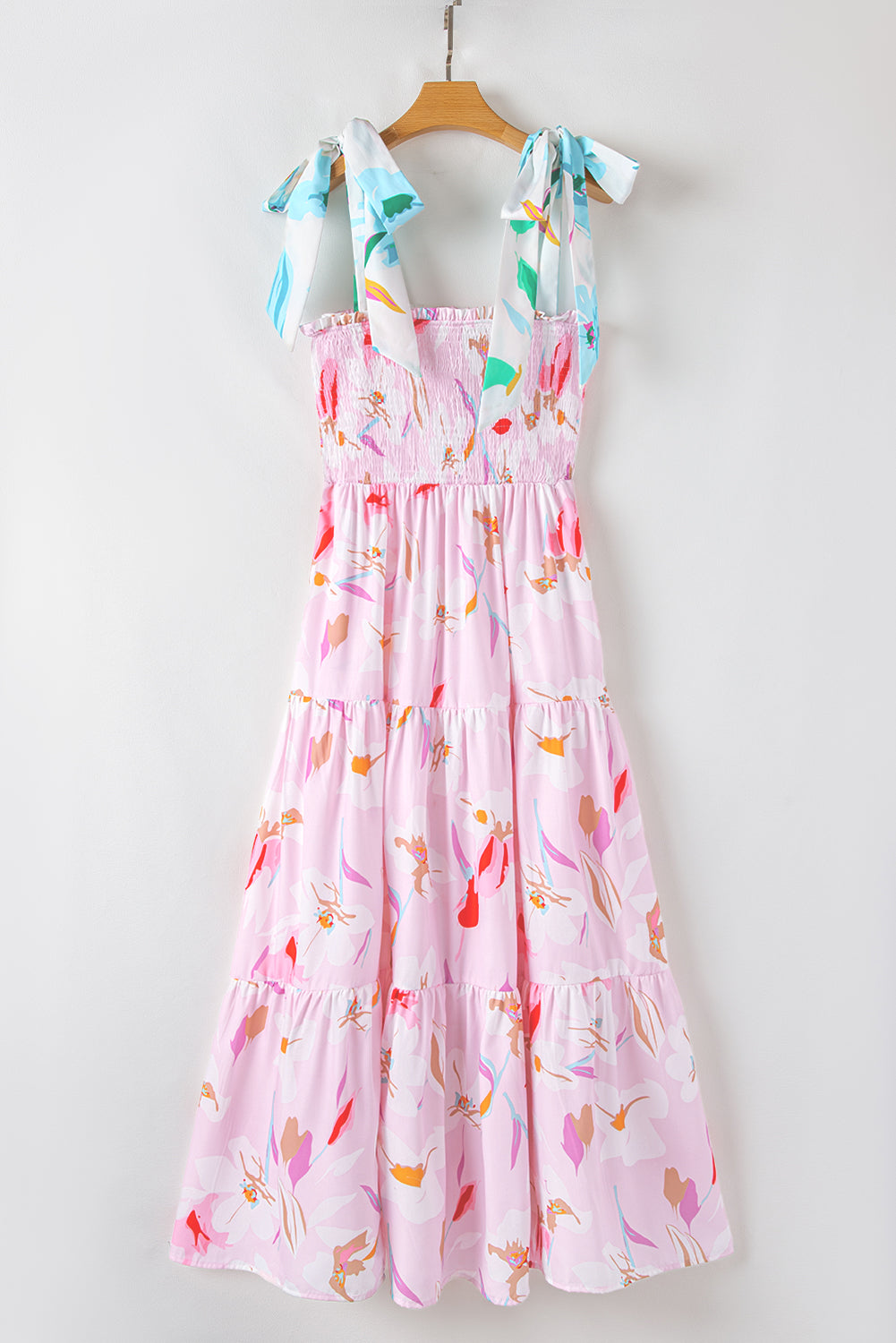 Women's Pink Floral Print Knotted Shoulder Smocked Maxi Dress Summer Boho Casual Sundress at LivelyLooks