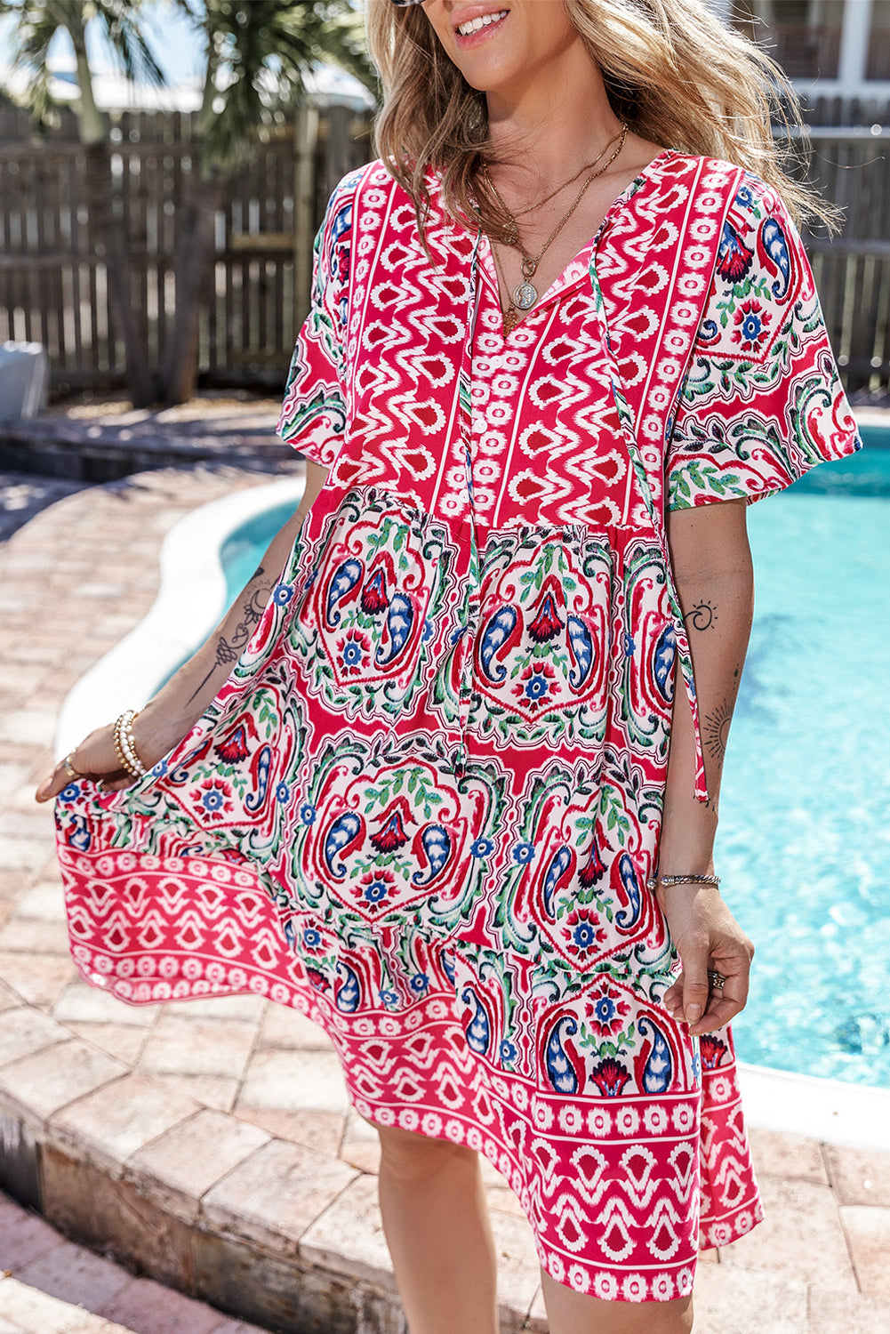 LivelyLooks Pink Boho Print Tie Neck Ruffle Hem Short Dress S-3XL women's fashion