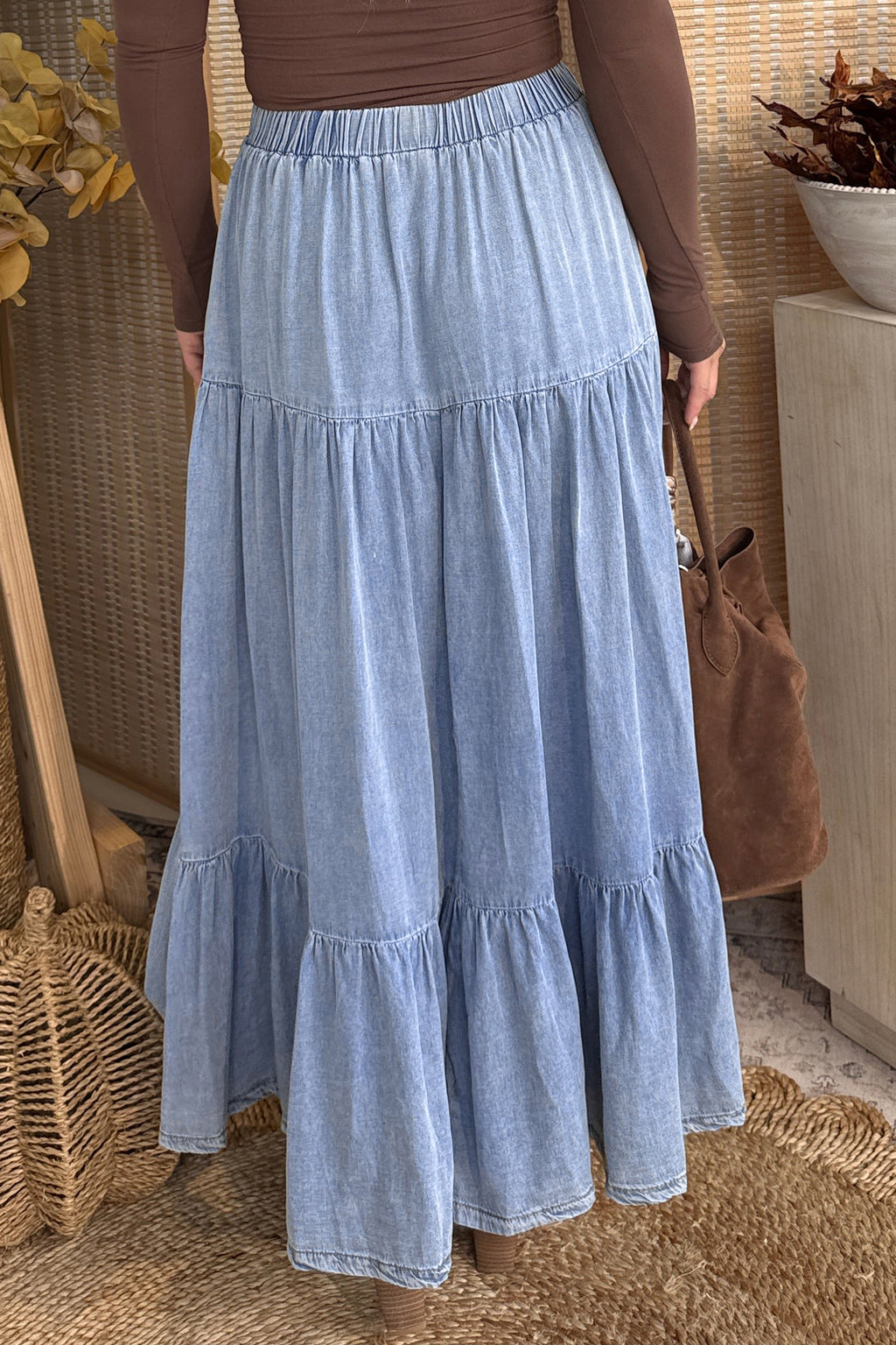 Shop Women's Flared Denim Maxi Skirt Tiered Ruffled Elastic Waist Blue S-XL at LivelyLooks